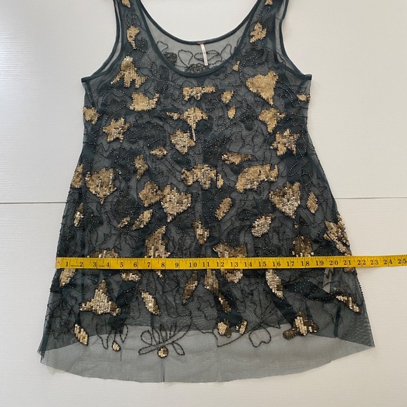 Free People NWOT Embellished Mesh Green Gold Beaded Sequin Tank Tunic Medium - Picture 12 of 12